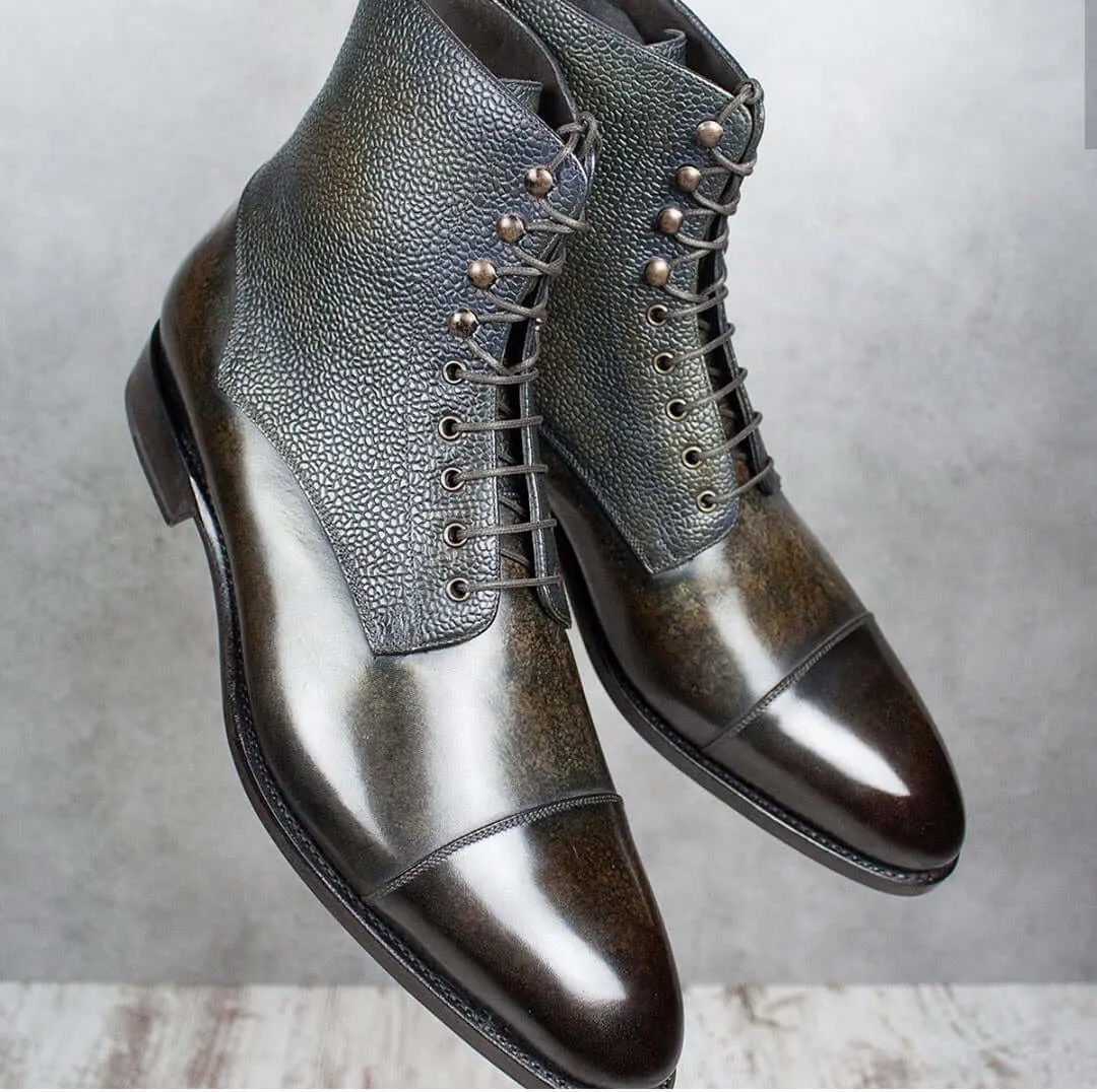 Ankle High Two Tone Cap Toe Lace Up Pebbled Leather Boots