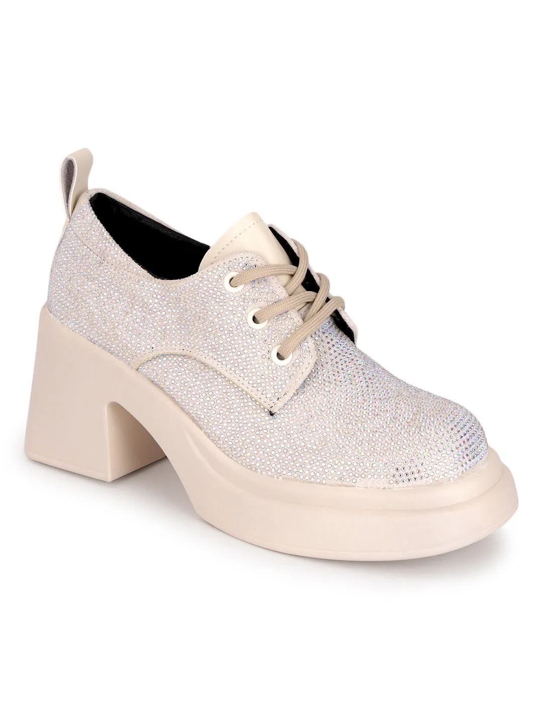 Beige Diamante Embellished Lace-Up Sneakers (TC-RS3641-BEIG)