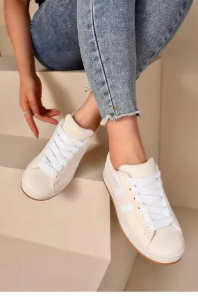 BEIGE LACE UP SIDE DETAIL DESIGNER TRAINERS