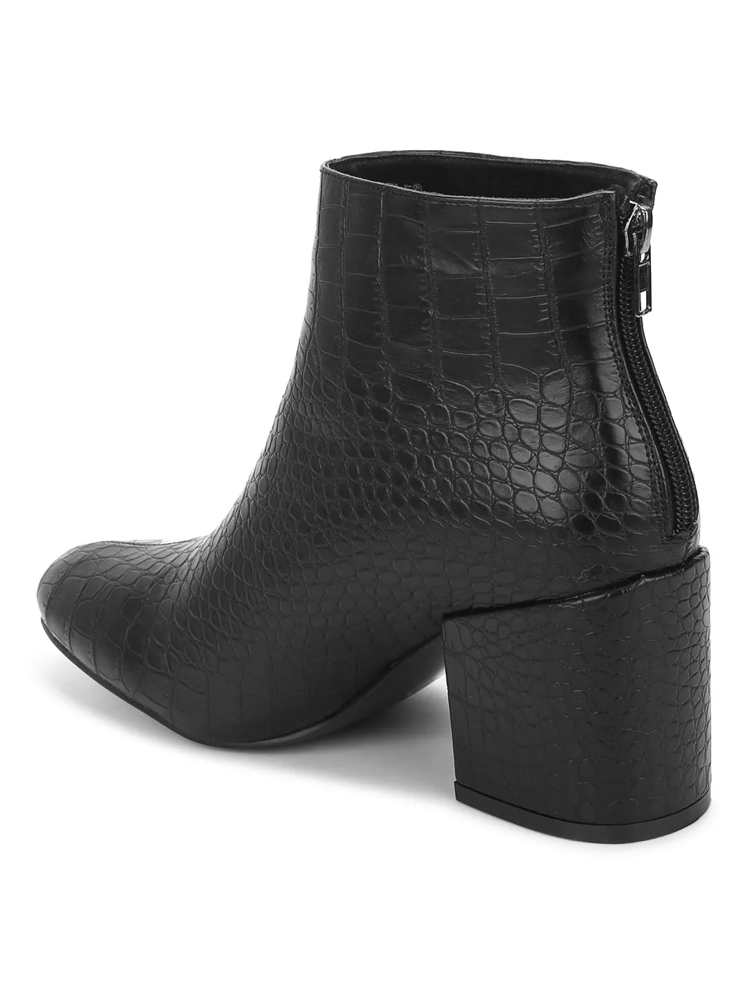 Black Croc PU Back Zipper Low Heel Ankle Boots