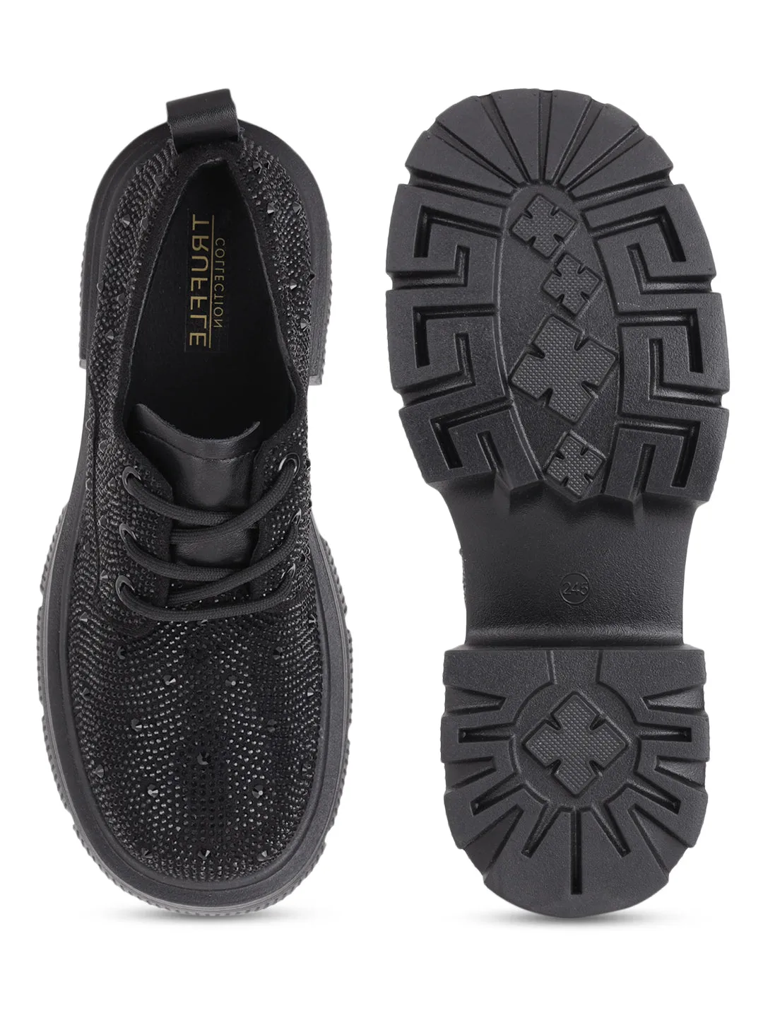 Black Diamante Embellished Lace-Up Sneakers (TC-RS3640-BLK)