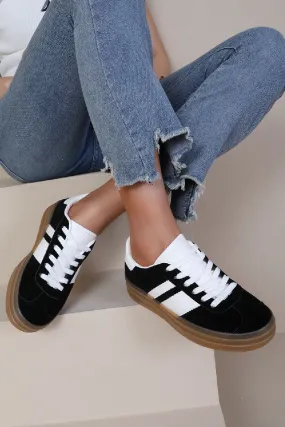 BLACK LACE UP CHUNKY SIDE DETAIL FLAT SNEAKERS TRAINERS