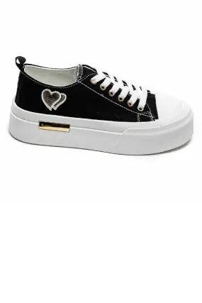 BLACK LACE UP HEART DETAIL CHUNKY STYLISH FLAT TRAINERS