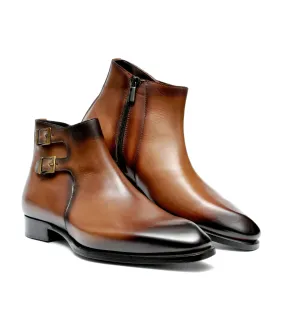 FILANGIERI - STAINED BROWN ANKLE BOOT WITH DOUBLE MONK & ZIPPER