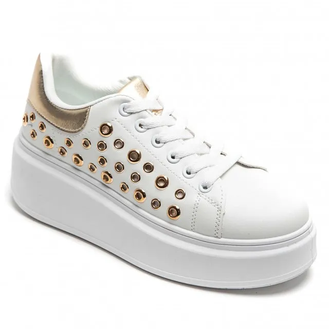 GOLD LACE UP SIDE DETAIL CHUNKY STYLISH FLAT TRAINERS