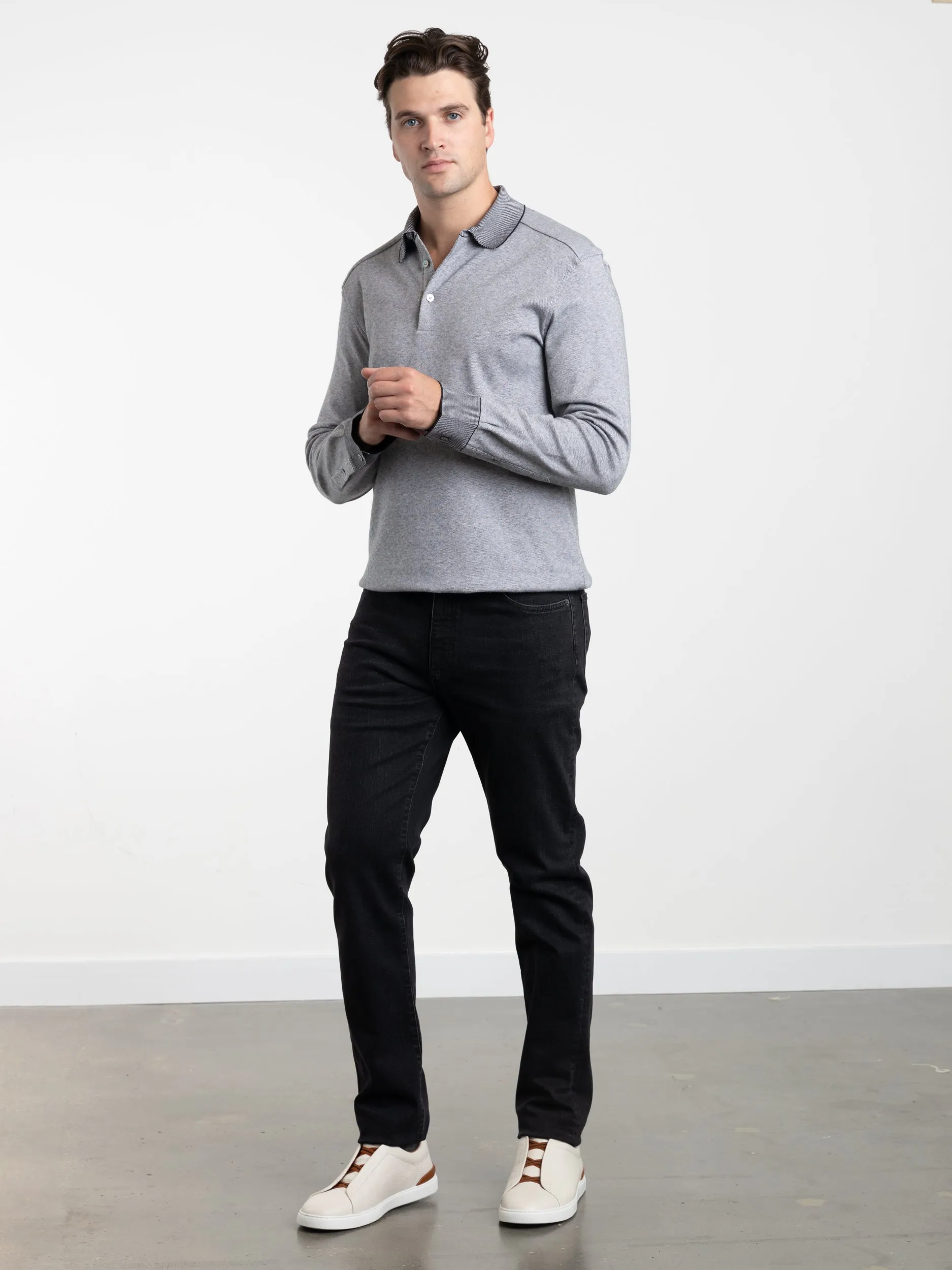 Grey Textured Long-Sleeve Polo