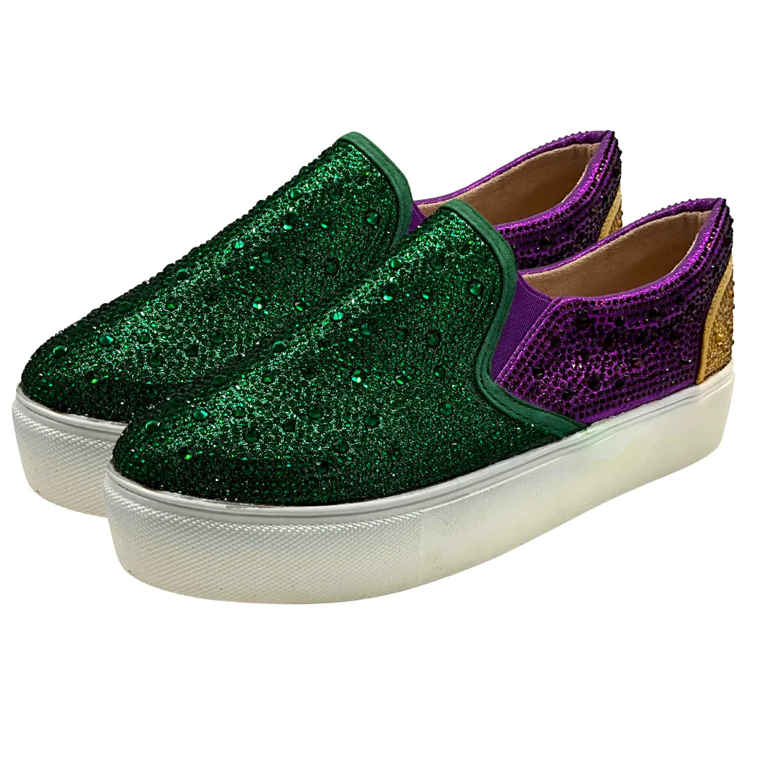 Purple, Green, & Gold Mardi Gras Rhinestone Slip On Sneaker (Each)