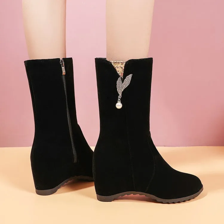 Women's Flock Round Toe Rhinestone Pearls Inside Heighten Ankle Boots